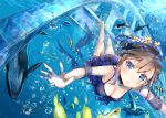  1girl blue_eyes blush breasts brown_hair cleavage eyebrows_visible_through_hair fish hair_ornament keepout looking_at_viewer medium_breasts original parted_lips short_hair solo underwater whale 