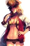  1girl bikini black_hair breasts cleavage cowboy_shot demon_archer fate/grand_order fate_(series) frilled_bikini frills grin hand_on_hip hat headphones headphones_around_neck jacket large_breasts long_hair looking_at_viewer moe_(hamhamham) navel oda_nobunaga_(swimsuit_berserker)_(fate) open_clothes open_jacket peaked_cap red_eyes shirt_removed smile solo swimsuit very_long_hair 