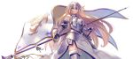  1girl armor armored_dress bangs bare_shoulders black_legwear blonde_hair blue_eyes breasts chains closed_mouth cowboy_shot fate/apocrypha fate_(series) faulds flag fur_trim gauntlets greaves headpiece highres long_hair medium_breasts ruler_(fate/apocrypha) shirabi sideboob smile solo thigh-highs thighhighs_under_boots very_long_hair 