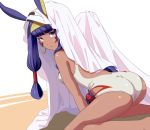  1girl ass back breasts dark_skin earrings fate/grand_order fate_(series) hairband jackal_ears jewelry kneeling long_hair looking_at_viewer nitocris_(swimsuit_assassin)_(fate) one-piece_swimsuit solo swimsuit tsukumo very_long_hair 