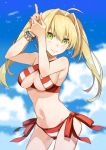  10s 1girl ahoge bangs bare_arms bare_shoulders bikini blonde_hair blue_sky bracelet breasts cleavage clouds cloudy_sky collarbone commentary_request cowboy_shot criss-cross_halter day earrings eyebrows_visible_through_hair eyelashes fate/extra fate/grand_order fate_(series) finger_gun glint green_eyes groin hair_between_eyes hair_intakes halter_top halterneck hands_up highres jewelry large_breasts lips long_hair looking_at_viewer medium_breasts midriff navel nero_claudius_(swimsuit_caster)_(fate) outdoors saber_extra sakino_saku side-tie_bikini sidelocks sky standing stomach striped striped_bikini swimsuit twintails under_boob 