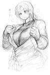 1girl breasts curvy fanning_self greyscale highres hot hunter_rank_e jacket large_breasts monochrome original short_hair sketch solo steam sweat 