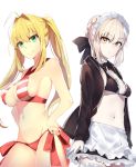  10s 2girls 714_(leg200kr) ahoge apron artoria_pendragon_(all) back-to-back bangs bare_shoulders bikini black_bikini_top black_bow black_jacket black_skirt blonde_hair bow braid breasts cleavage collar expressionless eyebrows_visible_through_hair fate/extra fate/grand_order fate/stay_night fate_(series) frilled_apron frilled_bikini frilled_collar frilled_legwear frilled_skirt frills green_eyes hair_bow hair_bun hair_intakes halterneck hands_on_hips hips hood hoodie jacket long_hair looking_at_viewer looking_to_the_side maid_headdress medium_breasts multiple_girls navel neck_ribbon nero_claudius_(swimsuit_caster)_(fate) open_clothes open_jacket pale_skin red_bikini red_bow ribbon saber saber_alter saber_extra side-tie_bottom sideboob silver_hair simple_background skirt small_breasts smile striped striped_bikini swimsuit thighs twintails waist waist_apron white_background yellow_eyes 