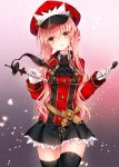  1girl ascot belt black_ascot black_legwear black_skirt blush brown_eyes cowboy_shot eyebrows_visible_through_hair fate/grand_order fate_(series) gloves gradient gradient_background hair_between_eyes hat head_tilt holding light_particles long_hair long_sleeves looking_at_viewer medb_(fate/grand_order) military military_uniform nogi_takayoshi parted_lips peaked_cap petticoat pink_background pink_hair pleated_skirt red_hat riding_crop skirt sleeve_cuffs smile solo standing thigh-highs thigh_gap uniform very_long_hair white_gloves wing_collar zettai_ryouiki 