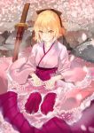  1girl bangs black_bow blonde_hair blurry blush bow cherry_blossoms day depth_of_field eyebrows_visible_through_hair fate_(series) hair_between_eyes hair_bow hakama half_updo hands_up ice_(ice_aptx) japanese_clothes katana kimono koha-ace light_smile long_skirt looking_at_viewer obi outdoors parted_lips partially_submerged pink_kimono planted_sword planted_weapon pleated_skirt purple_skirt sakura_saber sash short_hair sitting skirt smile solo sword weapon yellow_eyes 