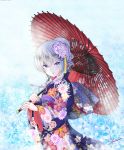  1girl blue_eyes blush closed_mouth eyebrows_visible_through_hair highres holding holding_umbrella japanese_clothes kantai_collection kashima_(kantai_collection) kimono looking_at_viewer oriental_umbrella ponytail shino_(shinderera) short_hair short_ponytail silver_hair smile solo umbrella 