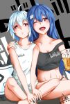  2girls absurdres aka_(hwdllht) alcohol arm_around_shoulder bare_shoulders bili_girl_22 bili_girl_33 bilibili_douga blue_hair blush breasts cleavage closed_mouth collarbone copyright_name cup drinking_glass drunk eyebrows_visible_through_hair flat_chest heart heart-shaped_pupils highres holding holding_drinking_glass legs_crossed long_hair looking_at_viewer medium_breasts multiple_girls navel one_eye_closed open_mouth red_eyes short_hair short_ponytail side_ponytail sitting smile symbol-shaped_pupils 