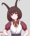  1girl apron belt bow brown_hair collared_shirt commentary disco_brando goat_horns horns original red_eyes shirt short_hair yellow_bow 