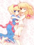  2girls ;( alice_margatroid alternate_costume bare_arms bare_shoulders blonde_hair bloomers blue_dress blue_eyes blush bow braid breasts camisole collarbone dress hair_bow hairband hug kirisame_marisa lolita_hairband long_hair looking_at_viewer masuyama_kei multiple_girls orange_eyes puffy_short_sleeves puffy_sleeves red_bow short_sleeves side_braid small_breasts touhou underwear wavy_hair 