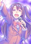  10s 1girl blazer bow brown_eyes brown_hair crying crying_with_eyes_open half_updo idolmaster idolmaster_cinderella_girls jacket long_hair microphone one_side_up open_mouth seven_star shimamura_uzuki smile solo tears 