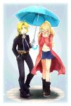  1boy 1girl belt black_shirt blonde_hair blue_background blue_umbrella blush boots braid closed_eyes coat edward_elric eyebrows_visible_through_hair frame frown fullmetal_alchemist gloves hand_in_pocket hands_on_own_face jacket long_hair looking_at_another open_mouth pants pocket_watch ponytail rain shirt simple_background skirt sneezing socks sweatdrop tsukuda0310 umbrella walking watch white_shirt winry_rockbell yellow_eyes 