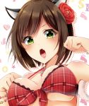  10s 1girl animal_ears blush bracelet breasts brown_hair cat_ears cleavage eyebrows_visible_through_hair fang flower green_eyes hair_flower hair_ornament idolmaster idolmaster_cinderella_girls jewelry large_breasts looking_at_viewer maekawa_miku necklace open_mouth short_hair solo suishin_tenra upper_body 
