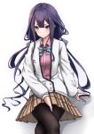  1girl adagaki_aki black_hair black_legwear blue_eyes blush kagarino_hikaru legs_crossed long_hair looking_at_viewer low_twintails masamune-kun_no_revenge pantyhose plaid plaid_skirt school_uniform skirt solo twintails 