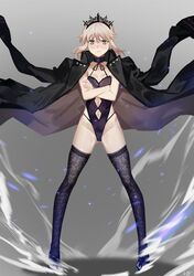  1girl artoria_pendragon_(all) black_jacket blonde_hair blush crossed_arms fate/grand_order fate_(series) gluteal_fold highleg highres jacket lace lace-trimmed_thighhighs leotard looking_at_viewer nanaya_(daaijianglin) saber_alter solo thigh-highs tiara yellow_eyes 