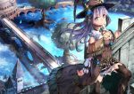  1girl blue_eyes breasts bridge brown_hat brown_legwear cleavage eyebrows_visible_through_hair hat highres large_breasts looking_at_viewer original purple_hair saraki sitting solo thigh-highs tower witch_hat 