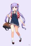  1girl bag black_shoes blush full_body hair_ribbon handbag highres jehyun long_hair looking_at_viewer new_game! open_mouth purple_background purple_hair ribbon shoes simple_background smile socks solo suzukaze_aoba thighs twintails very_long_hair violet_eyes white_legwear 