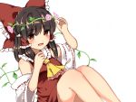  1girl :d bare_shoulders blouse blush bow chocolate_hair commentary detached_sleeves flower hair_bow hair_flower hair_ornament hair_tubes hakurei_reimu large_bow long_hair looking_at_viewer open_mouth red_eyes sarashi sitting skirt skirt_set smile solo touhou yururi_nano 