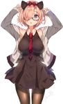  1girl :o animal_ears arms_up bangs bare_shoulders blush bow breasts brown_legwear cat_ears cowboy_shot dress fake_animal_ears fate/grand_order fate_(series) fingernails glasses hair_bow hair_over_one_eye harunoibuki jacket large_breasts long_sleeves looking_at_viewer necktie off_shoulder one_eye_covered open_clothes open_jacket open_mouth pantyhose pink_hair red_bow red_necktie semi-rimless_glasses shielder_(fate/grand_order) short_dress short_hair signature simple_background sleeveless sleeveless_dress solo standing violet_eyes white_background 