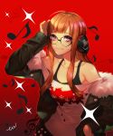  1girl artist_name black_bra blush bra breasts closed_mouth collarbone eu_(euspia) eyebrows_visible_through_hair futaba_channel glasses headphones highres large_breasts looking_at_viewer musical_note orange_hair persona persona_5 sakura_futaba signature smile solo underwear upper_body violet_eyes 