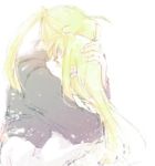  1boy 1girl black_shirt blonde_hair blush closed_eyes couple earrings edward_elric eyebrows_visible_through_hair fullmetal_alchemist hand_on_another&#039;s_head happy hetero hug jacket jewelry long_hair ponytail shirt simple_background smile tsukuda0310 white_background winry_rockbell 