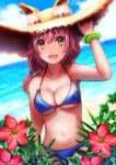  1girl animal_ears blush breasts cleavage collarbone eyebrows_visible_through_hair fate/grand_order fate_(series) fox_ears hat large_breasts long_hair looking_at_viewer navel open_mouth pink_hair smile solo soramame_tomu tamamo_(fate)_(all) tamamo_no_mae_(swimsuit_lancer)_(fate) yellow_eyes 