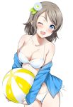  1girl ;d ball bangs beachball bikini blue_eyes blush breasts cleavage cowboy_shot flower hair_flower hair_ornament halterneck highres light_brown_hair looking_at_viewer love_live! love_live!_sunshine!! medium_breasts off_shoulder one_eye_closed open_mouth rozen5 short_hair side-tie_bikini simple_background sleeves_past_wrists smile solo swept_bangs swimsuit thigh_gap watanabe_you white_background white_bikini 
