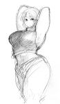  1girl armpits arms_behind_head breasts curvy highres hunter_rank_e large_breasts looking_at_viewer midriff monochrome original short_hair short_shorts shorts sleeveless solo tank_top thick_thighs thighs 