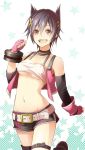  1girl 3nami73 belt black_hair blush breasts cleavage collarbone fingerless_gloves gloves god_eater god_eater_2:_rage_burst hair_ornament hairclip highres large_breasts looking_at_viewer navel open_mouth pink_gloves short_hair smile solo under_boob violet_eyes x_hair_ornament 