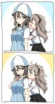  10s 2girls 2koma adapted_uniform bangs black_ribbon black_skirt blue_hat blue_sweater brain_freeze brown_eyes brown_hair closed_eyes comic dress_shirt food from_side girls_und_panzer hair_ribbon hat high-waist_skirt hikyakuashibi holding holding_food keizoku_school_uniform light_brown_hair long_hair looking_at_another looking_back mika_(girls_und_panzer) multiple_girls open_mouth parted_lips popsicle ribbon sharing_food shimada_arisu shirt short_sleeves side_ponytail skirt smile striped suspender_skirt suspenders sweater sweater_vest trembling vertical_stripes white_shirt 