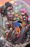  1boy 2girls absurdres android armor black_hair boots bracer circuit_board detached_sleeves dome fal_(phantasy_star) forren_(phantasy_star) furena_(phantasy_star) game_cartridge game_console gloves green_eyes green_hair highres isedaichi_ken light_smile long_hair looking_down multiple_girls oversized_object phantasy_star phantasy_star_iv pink_hair pointy_ears repairing science_fiction sega_mega_drive signature sitting twitter_username white_gloves wire 