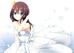  10s 1girl bangs bare_shoulders breasts brown_hair butterfly closed_mouth commentary_request crown dress elbow_gloves gloves green_eyes hand_in_hair idolmaster idolmaster_cinderella_girls long_hair looking_at_viewer medium_breasts mini_crown nagami_yuu petals shibuya_rin smile solo upper_body wedding_dress white_dress white_gloves 