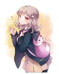  1girl backpack bag black_legwear breasts brown_hair brown_skirt dangan_ronpa dangan_ronpa_1 eyebrows_visible_through_hair hair_ornament heart ika_(4801055) looking_at_viewer medium_breasts nanami_chiaki red_eyes short_hair skirt smile solo super_dangan_ronpa_2 thigh-highs upper_body waving 