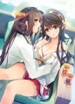  2girls admiral_(kantai_collection) admiral_(kantai_collection)_(cosplay) bangs bare_shoulders black_hair breasts brown_hair cleavage collarbone cosplay double_bun dutch_angle eyebrows_visible_through_hair hair_between_eyes hairband hakama_skirt hand_up haruna_(kantai_collection) hat headgear ice ice_cube ichikawa_noa kantai_collection kongou_(kantai_collection) large_breasts long_hair long_sleeves looking_at_viewer military military_uniform mouth_hold multiple_girls nontraditional_miko parted_lips peaked_cap red_skirt sidelocks sitting skirt smile tareme thighs uniform violet_eyes yellow_eyes 