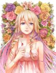  1girl blonde_hair blue_eyes blush calligraphy_brush_(medium) closed_mouth crying crying_with_eyes_open dress envelope flower heart ia_(vocaloid) long_hair looking_at_viewer rose ryuu32 smile solo tears upper_body vocaloid white_dress 