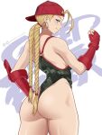  1girl absurdres ahoge ass backwards_hat baseball_cap blonde_hair blue_eyes braid breasts cammy_white camouflage_leotard closed_mouth copyright_name earrings fingerless_gloves gloves green_leotard hat highleg highleg_leotard highres hoop_earrings jewelry leotard looking_back mandytsune red_gloves red_headwear smile solo street_fighter thong_leotard twin_braids 