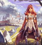  1girl armor cape celica_(fire_emblem) dress fingerless_gloves fire_emblem fire_emblem_echoes:_mou_hitori_no_eiyuuou gloves highres klegsart long_hair looking_at_viewer red_eyes redhead smile solo thigh-highs tiara weapon 