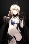  1girl artoria_pendragon_(all) bangs black_gloves black_jacket blonde_hair breasts closed_mouth collarbone dark_excalibur fate/grand_order fate_(series) gloves halterneck holding holding_sword holding_weapon i-pan jacket jacket_on_shoulders leg_up looking_at_viewer pale_skin revealing_clothes saber_alter short_shorts shorts small_breasts smile solo sword tiara weapon yellow_eyes 