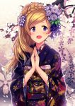  1girl blonde_hair cherry_blossoms emily_stewart floral_background floral_print flower hair_flower hair_ornament idolmaster idolmaster_million_live! ima_(lm_ew) japanese_clothes kimono long_hair looking_at_viewer one_side_up open_mouth smile solo violet_eyes 