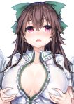  1girl bow breast_grab breasts brown_hair cape cleavage eyebrows_visible_through_hair grabbing green_bow hair_between_eyes hair_bow large_breasts long_hair looking_at_viewer no_bra open_clothes open_shirt red_eyes reiuji_utsuho shirt short_sleeves simple_background sketch solo tareme touhou wet white_background white_shirt wowoguni 