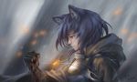  1girl animal_ears armor black_hair blood character_request copyright_request dated highres looking_away rain red_eyes short_hair signature upper_body wolf_ears yioshu 