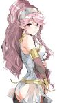  1girl blush braid dress elbow_gloves fire_emblem fire_emblem:_kakusei fire_emblem_heroes gloves highres looking_at_viewer olivia_(fire_emblem) ormille pink_hair ponytail red_eyes simple_background 