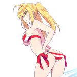  1girl ahoge ass bikini blonde_hair blush breasts butt_crack chan_co cleavage earrings fate/grand_order fate_(series) green_eyes hair_intakes jewelry large_breasts long_hair looking_at_viewer nero_claudius_(swimsuit_caster)_(fate) saber_extra side-tie_bikini sideboob simple_background smile solo striped striped_bikini striped_swimsuit swimsuit twintails white_background 