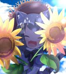  1girl :d ^_^ animal_ears blue_sky bow bowtie closed_eyes clouds commentary common_raccoon_(kemono_friends) day facing_viewer fang flower gloves grey_hair hat highres kemono_friends makuran multicolored_hair open_mouth outdoors raccoon_ears raccoon_tail short_hair sky smile solo sun_hat sunflower tail 