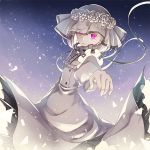  1girl dress kasuka108 looking_at_viewer mimikyu personification pokemon see-through solo standing veil violet_eyes white_dress white_flowers 