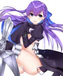  10s 1girl absurdres armor armored_boots ass bangs belt black_legwear blue_bow blue_eyes boots bow fate/extra fate/extra_ccc fate_(series) hair_bow hair_ribbon high_collar highres long_hair looking_at_viewer meltlilith parted_lips purple_hair revealing_clothes ribbon sleeves_past_wrists smile solo thigh-highs thigh_boots thong very_long_hair very_long_sleeves yuzuki_shia 