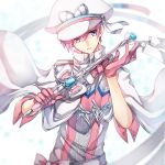  1boy blue_eyes bow bowtie cape gloves hat kasuka108 looking_at_viewer male_focus personification pink_bow pink_bowtie pink_gloves pink_hair pokemon solo standing sylveon upper_body wand white_cape white_hair 