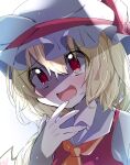  1girl :d ascot blush bow collared_shirt commentary crystal eyebrows_visible_through_hair flandre_scarlet furrowed_brow hair_between_eyes hand_on_own_face hat hat_ribbon highres laughing looking_at_viewer medium_hair mob_cap nagai_riku one-hour_drawing_challenge open_mouth orange_ascot red_bow red_eyes red_ribbon red_vest ribbon shirt simple_background smile solo touhou vest wavy_hair white_background white_shirt wings 