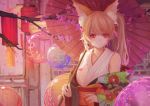  1girl animal_ears blush brown_hair closed_mouth collarbone eyebrows_visible_through_hair fox_ears holding holding_umbrella long_hair looking_at_viewer original parasol red_eyes smile solo umbrella youxuemingdie 