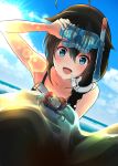  1girl :d adapted_costume ahoge amagami_(makise_tsubaki) beach bikini blue_eyes braid brown_hair collarbone crab hair_between_eyes hair_flaps kantai_collection long_hair ocean open_mouth remodel_(kantai_collection) shigure_(kantai_collection) single_braid smile solo sun sunlight swimsuit 