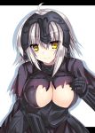  1girl ahoge armor armored_dress bangs black_gloves blush breasts capelet chains cleavage closed_mouth cowboy_shot eyebrows_visible_through_hair fate/grand_order fate_(series) gauntlets gloves hair_between_eyes headpiece jeanne_alter leaning_forward letterboxed looking_at_viewer medium_breasts ruler_(fate/apocrypha) ryokushiki_(midori-ya) short_hair simple_background smile solo white_background white_hair yellow_eyes 